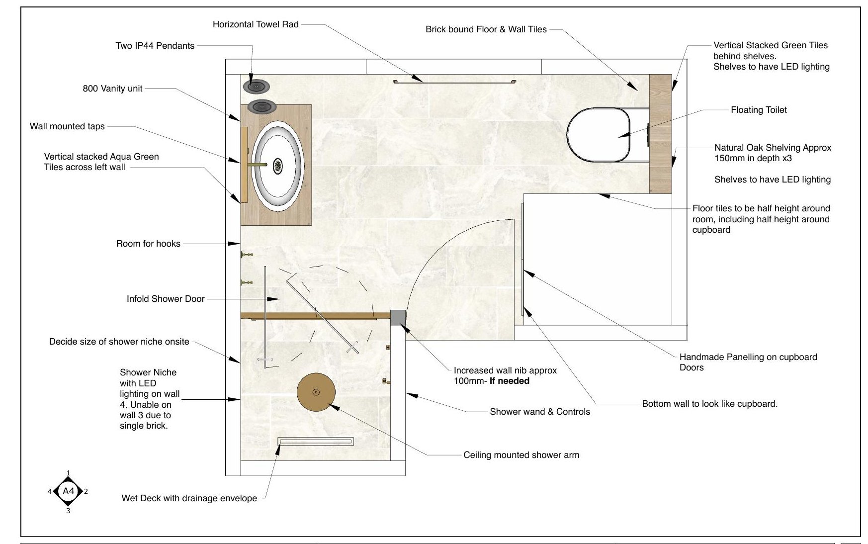 Bathroom plan showing the wet deck shower taking in the old landing cupboard