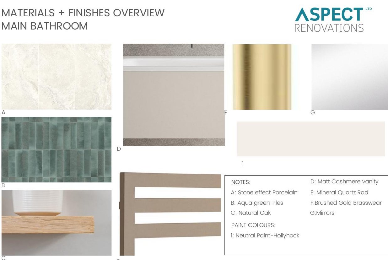 Materials and finishes board: green tiles, stone-effect porcelain, brass and oak