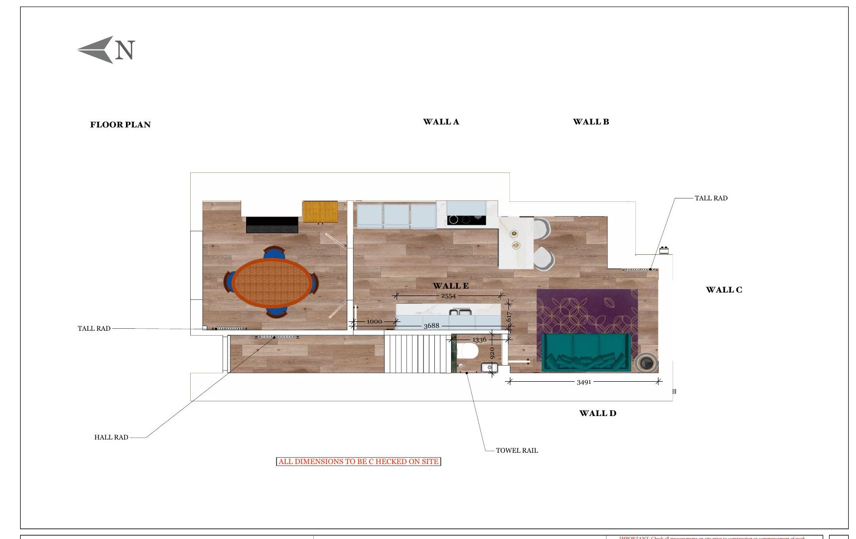 Floor plan of the open-plan kitchen, dining and living space