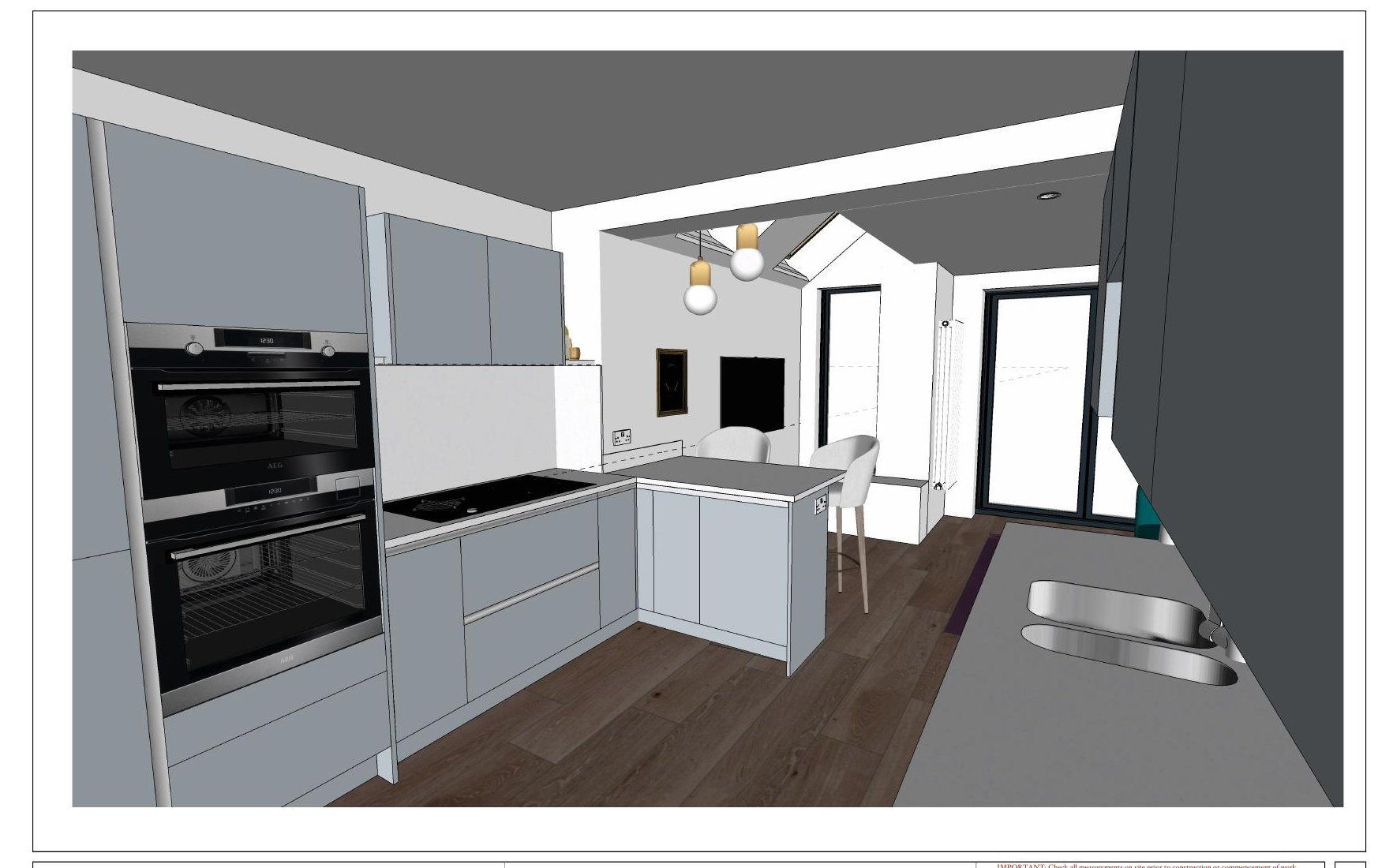 3D render of the kitchen looking towards the garden doors