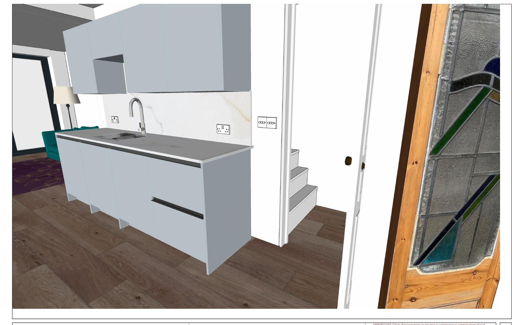 3D render of the sink run beside the stained-glass door