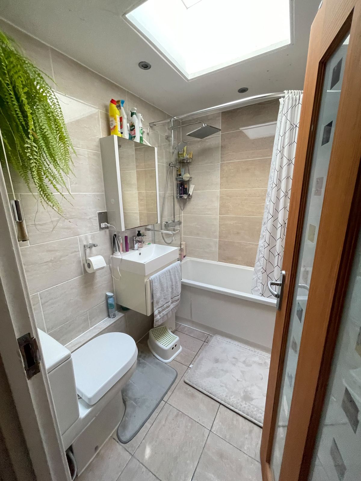 Before: bath under the skylight with a shower curtain