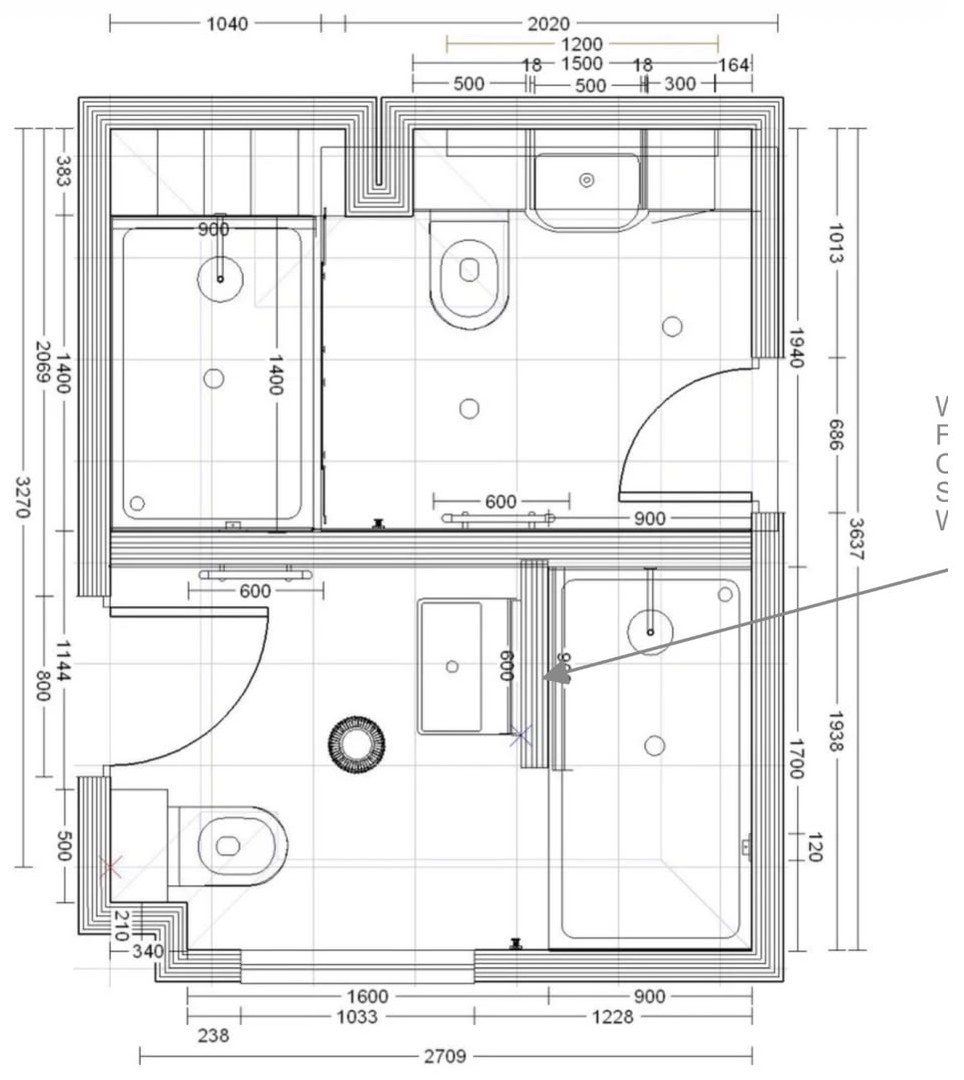 Floor plan dividing one bathroom into two en-suites