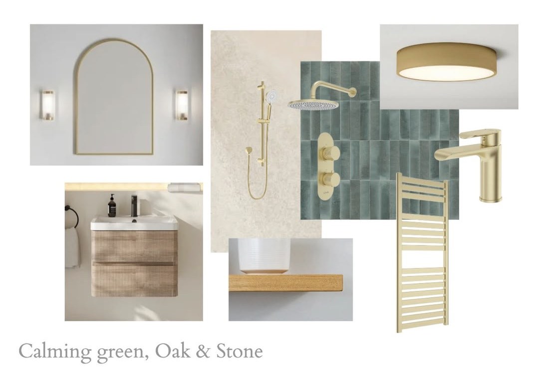 Moodboard of fittings and finishes: calming green, oak and stone
