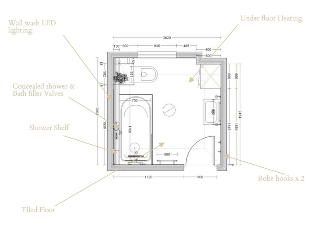 Annotated bathroom floor plan by Alex