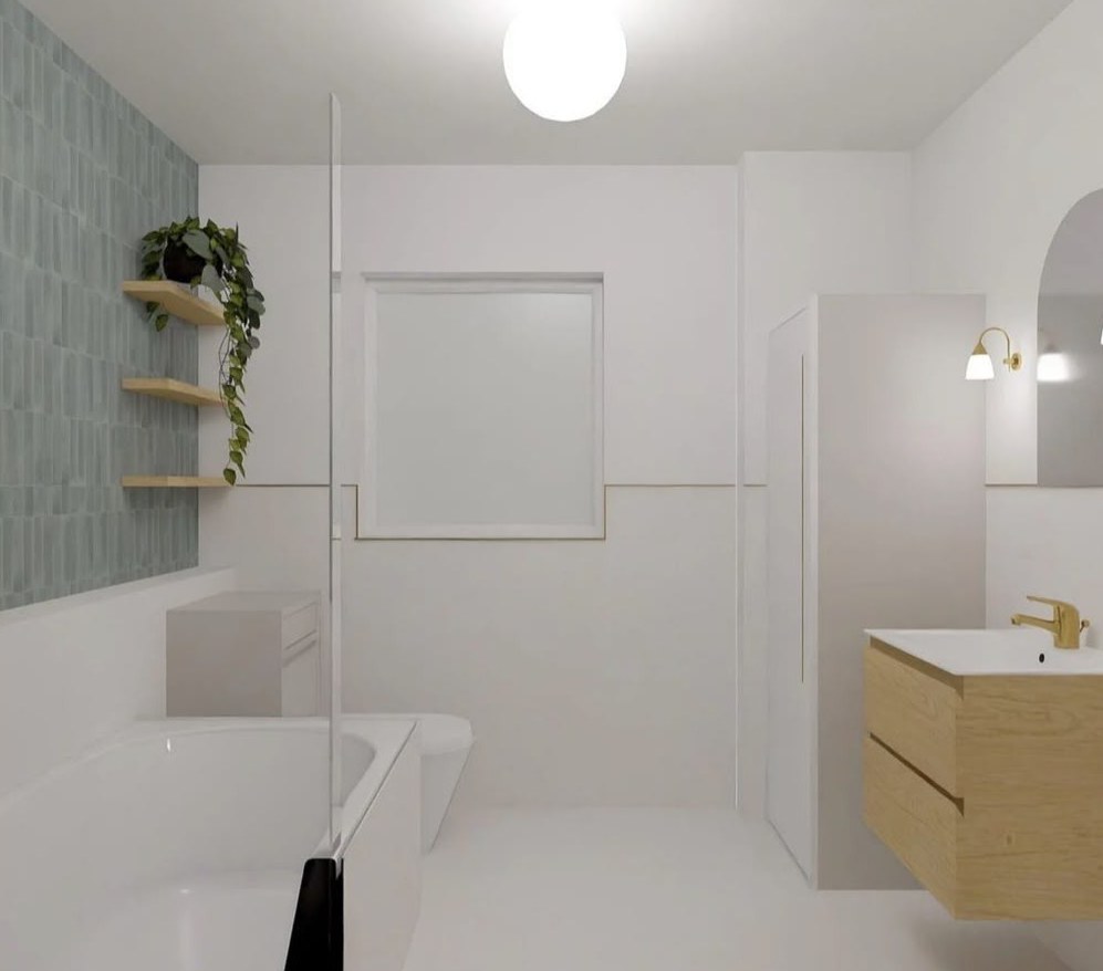 Second 3D render view of the same bathroom