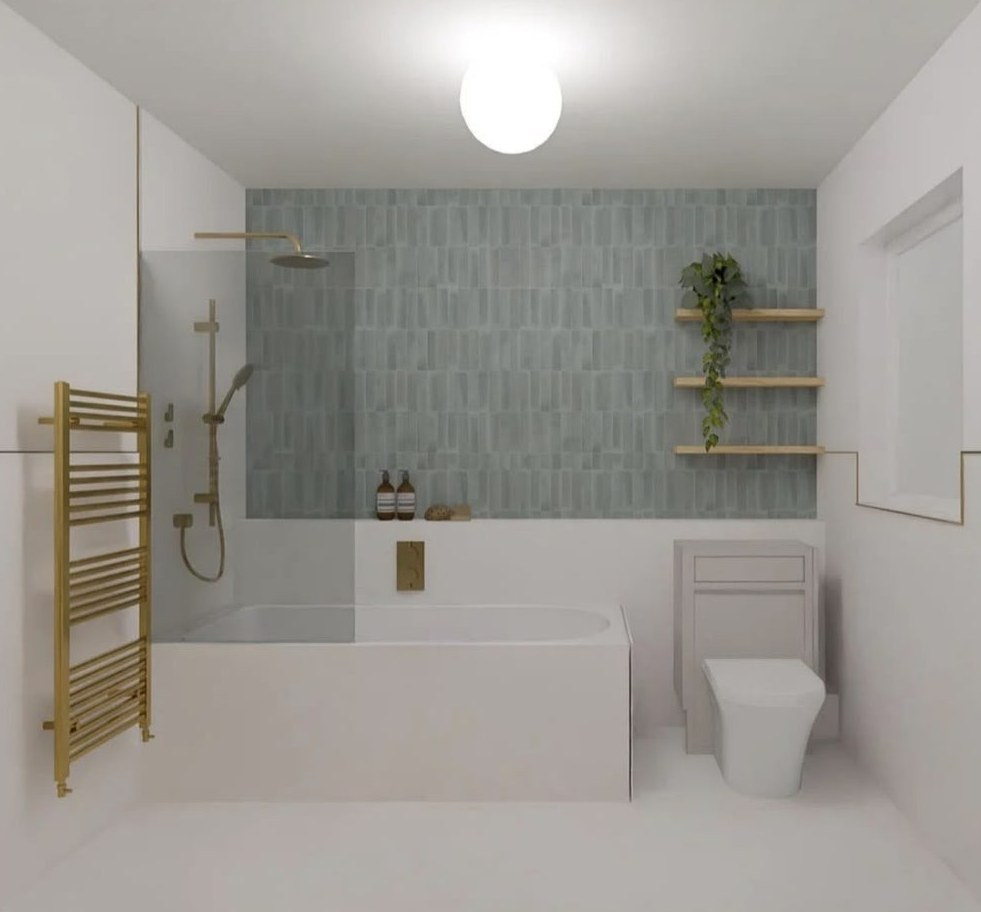 3D render of the bathroom with green feature tiles and brass fittings